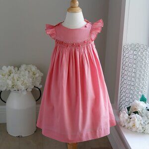 Coral Pink Smocked 100% Cotton Dress Flutter Sleeve Luli & Me Size 2T LIKE NEW
